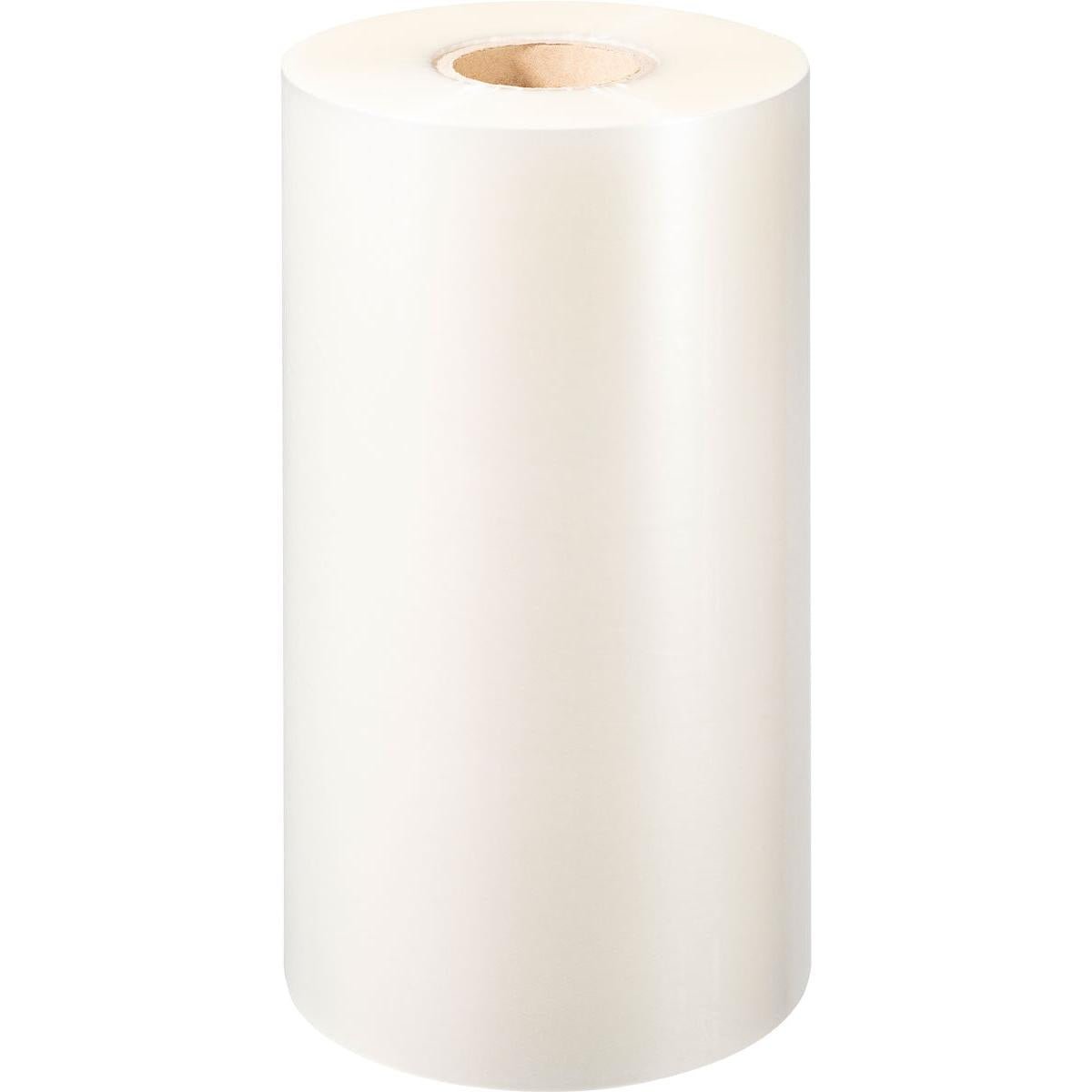 En stor, opretstående rulle af Duni GmbH PP-forseglingsfolie Antifog med papkerne præsenteres mod en hvid baggrund - perfekt til fødevareemballage.