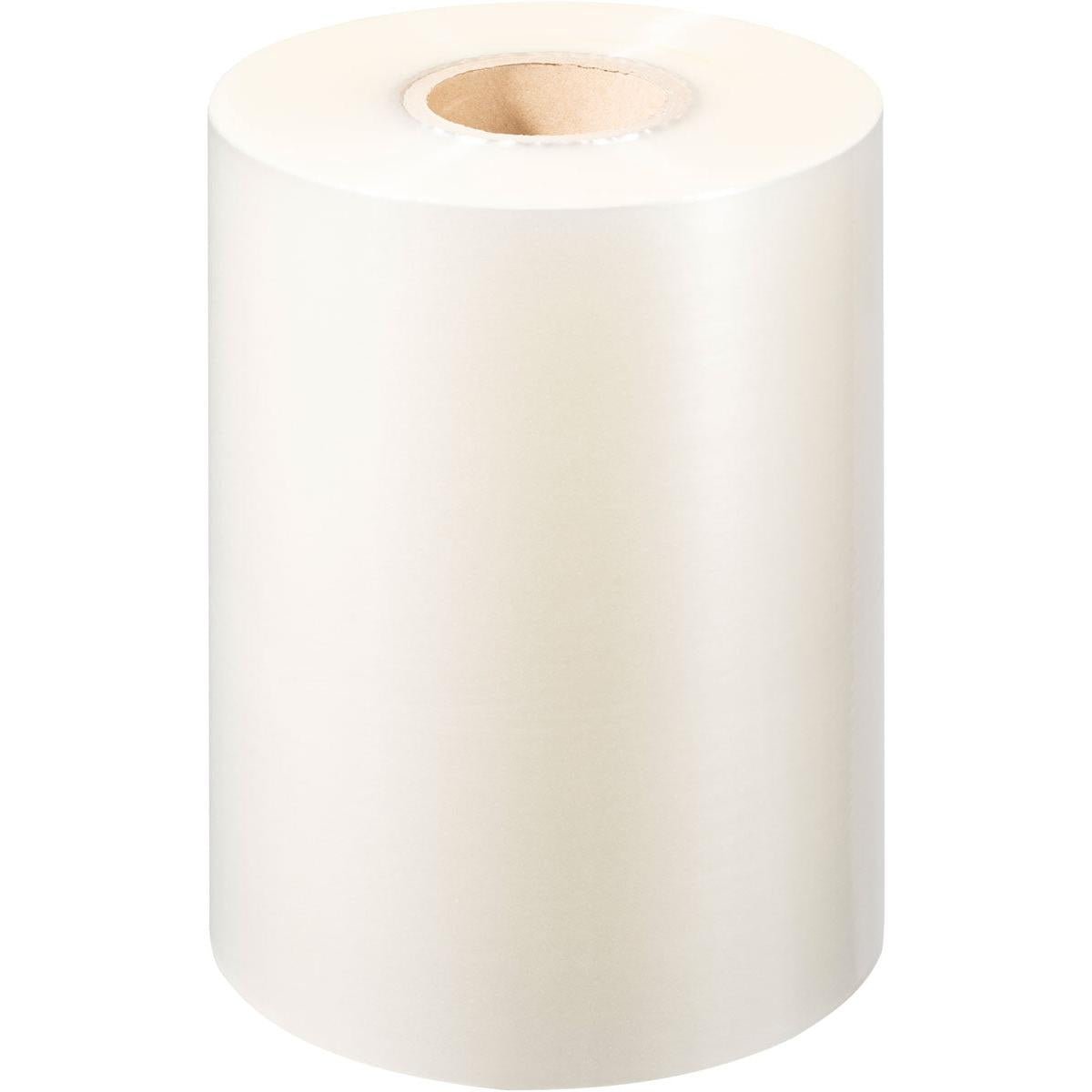 En rulle Duni GmbH PP-forseglingsfolie Antifog med en kerne af karton står opretstående på hvid baggrund. Denne skinnende folie er forsynet med en Antifog-belægning og er derfor perfekt til fødevareemballage og emballageformål.