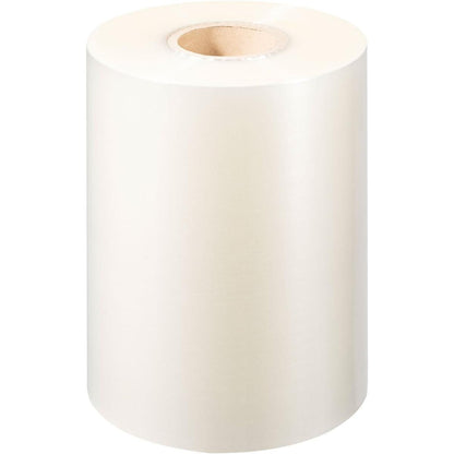 En rulle Duni GmbH PP-forseglingsfolie Antifog med en kerne af karton står opretstående på hvid baggrund. Denne skinnende folie er forsynet med en Antifog-belægning og er derfor perfekt til fødevareemballage og emballageformål.