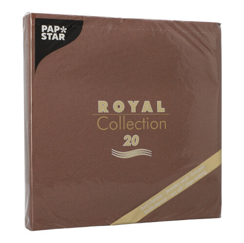 En brun kvadratisk pakke PAPSTAR 20 servietter "ROYAL Collection" 1/4-fold (40x40 cm) fra PAPSTAR GmbH, med gylden og hvid skrift, indpakket i klar plastik - ideel til borddekoration.