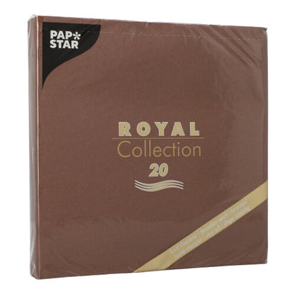 En brun kvadratisk pakke PAPSTAR 20 servietter "ROYAL Collection" 1/4-fold (40x40 cm) fra PAPSTAR GmbH, med gylden og hvid skrift, indpakket i klar plastik - ideel til borddekoration.