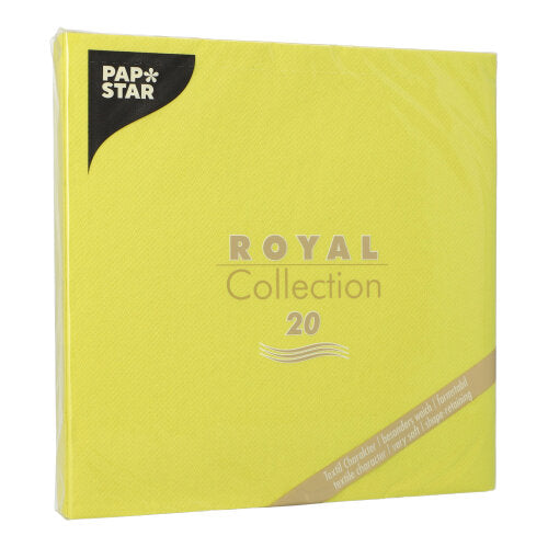 En 20-pakning gule PAPSTAR servietter "ROYAL Collection" (1/4-fold, 40x40 cm) lavet af FSC-certificeret materiale i en plastikemballage med elegant guld-sølv skrift. Mærke: PAPSTAR GmbH.