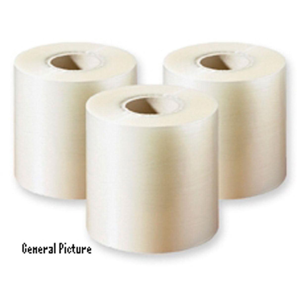 Tre store, hvide ruller af Duni GmbH PP-forseglingsfolie Antifog er placeret ved siden af hinanden på en ensfarvet baggrund. Den skinnende overflade og de hule kerner understreger deres anvendelse som fødevareemballage. I nederste venstre hjørne ses "Generelt billede".