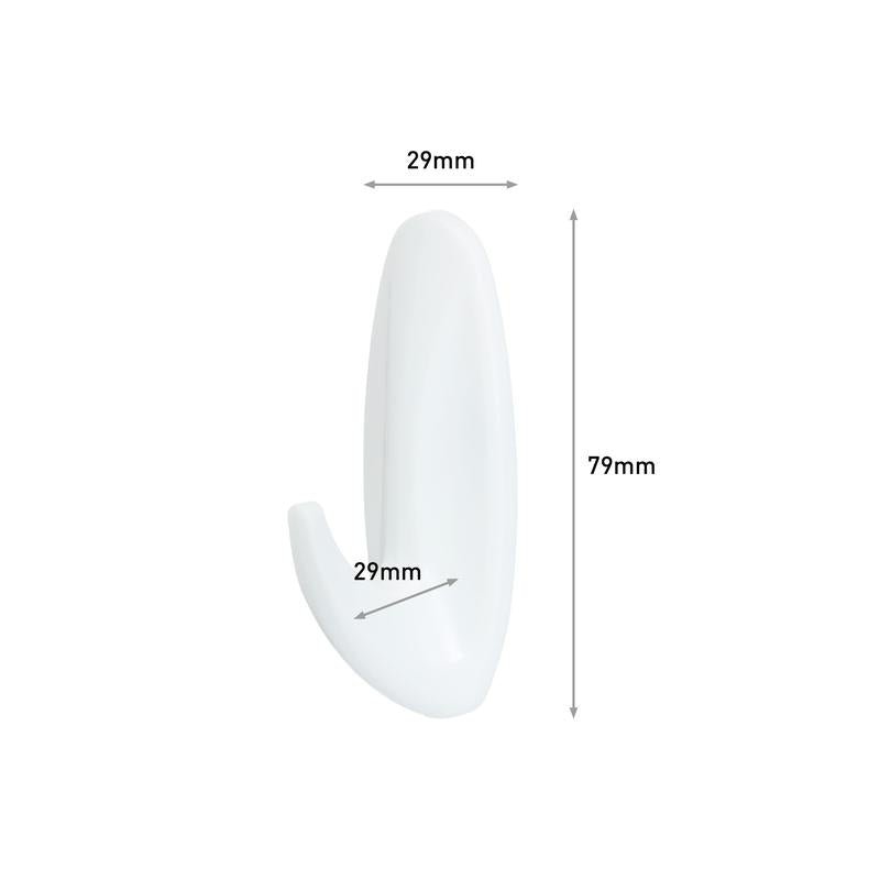 3M Deutschland GmbH Command™ Bad Medium Designer-kroge, 17081B, har et elegant, buet hvidt design (79 mm højt, 29 mm bredt) og er afbildet på en enkel hvid baggrund med pile og etiketter, der fremhæver dens dimensioner - perfekt til badeværelset.