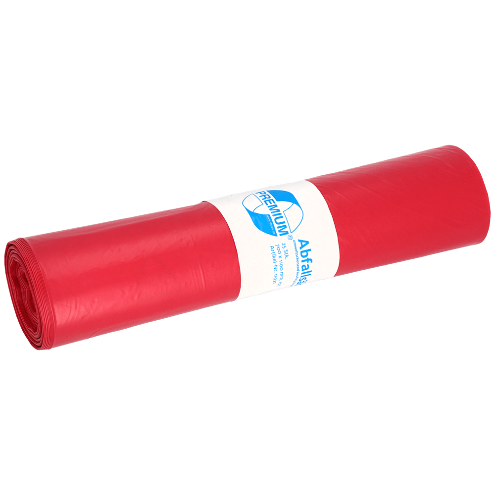 Afbildet er en rulle EMIL DEISS KG (GmbH + Co.) DEISS 11021 - 700x1100 mm Type 60 røde affaldsposer (25 stykker) med hvid-blåt etiket på ensfarvet hvid baggrund.
