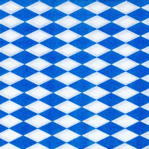 Die PAPSTAR GmbH 100 Servietten, 1-lagig 1/4-Falz 33 x 33 cm, sind mit einem blau-weißen Rautenmuster im bayerischen Stil versehen und FSC-zertifiziert sowie umweltfreundlich.