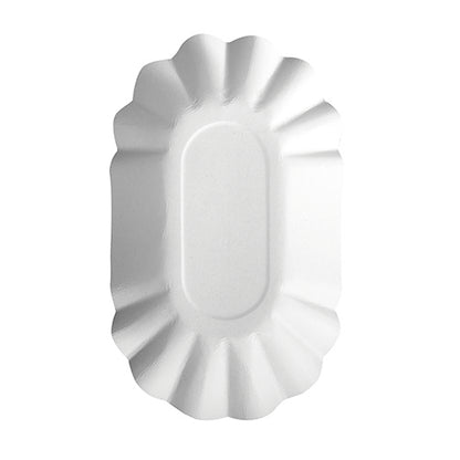 Den ovale hvide engangstallerken "pure" fra PAPSTAR GmbH (PAPSTAR 250 skåle) er FSC-certificeret, har en rillet kant og er afbildet ovenfra på en ensfarvet baggrund.