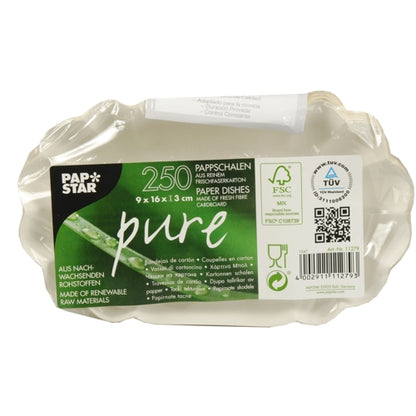 En pakke med 250 PAPSTAR skåle, pap "pure" ovalt hvidt fra PAPSTAR GmbH - lavet af friskfiberkarton og FSC-certificeret, bæredygtigt materiale, mål 9 x 16 x 3 cm.