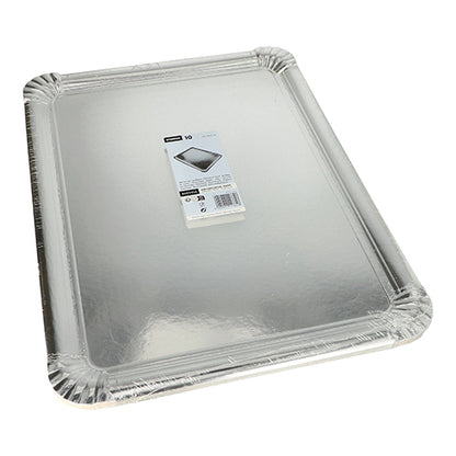 Starpak 10 serveringsfade, firkantet, 34 x 45,5 cm, sølv – pap PET-belagt – i praktisk 10-pak med produktetiket; Ideel til stilfuld anretning og præsentation af dine retter.