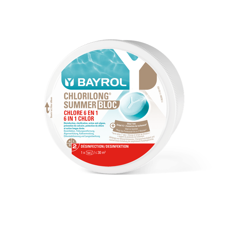 BAYROL Chlorilong Summer Bloc 0,5 kg 6in1 Poolpleje til krystalklart vand | Pakke (500 g) 
