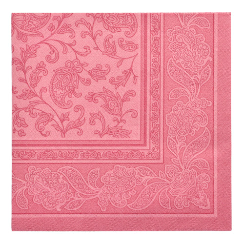 De PAPSTAR 20 servietter "ROYAL Collection" (1/4-fold, 40x40 cm) fra PAPSTAR GmbH præsenterer sig i et rosa ternet design med præget paisley- og blomsterbort - perfekt til en stilfuld borddekoration i premium kvalitet.