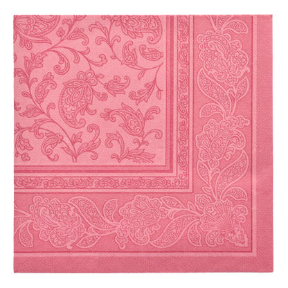 De PAPSTAR 20 servietter "ROYAL Collection" (1/4-fold, 40x40 cm) fra PAPSTAR GmbH præsenterer sig i et rosa ternet design med præget paisley- og blomsterbort - perfekt til en stilfuld borddekoration i premium kvalitet.