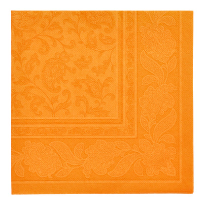 Servietterne "ROYAL Collection" 1/4-fold 40x40 cm fra PAPSTAR GmbH 20 servietter i orange har en præget blomster- og bladbort med diskret hvirveldesign i midten - ideel til en elegant borddekoration.