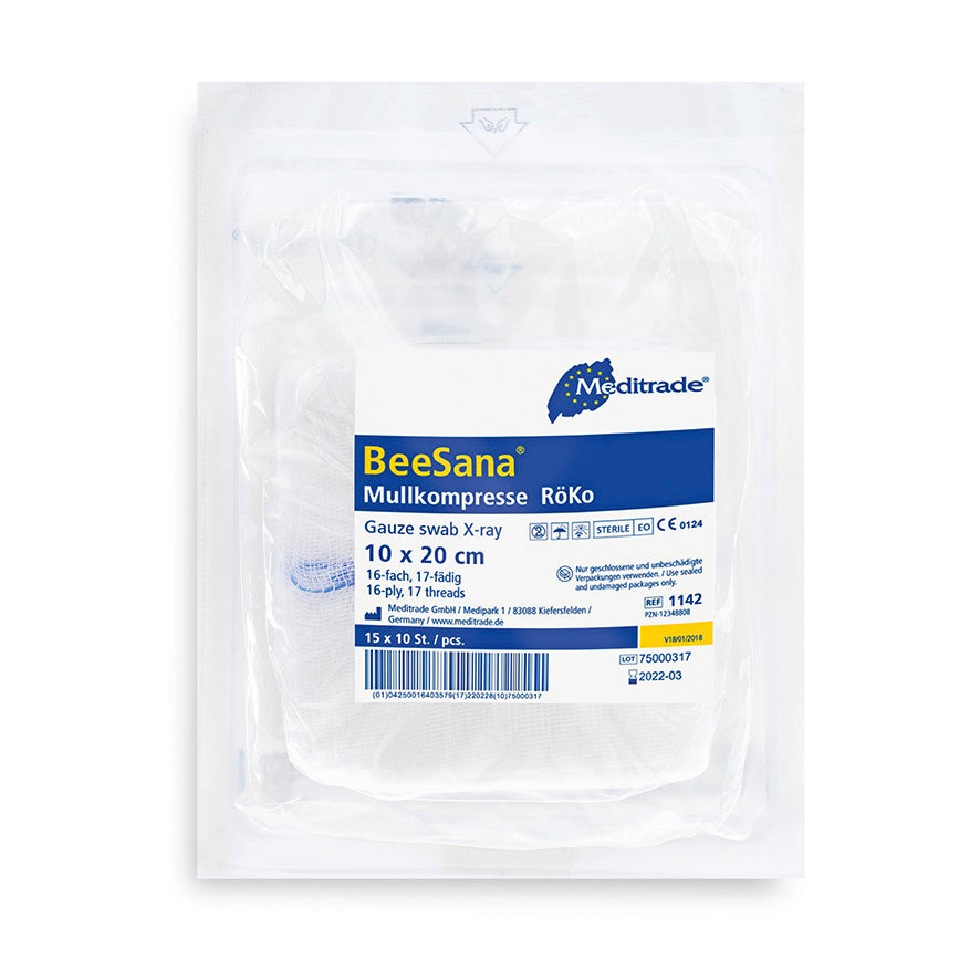 BeeSana® gazekompress, RöKo, steril, 16-fold, 10 x 20 cm, 10 stk. | Pakke (150 stk.)