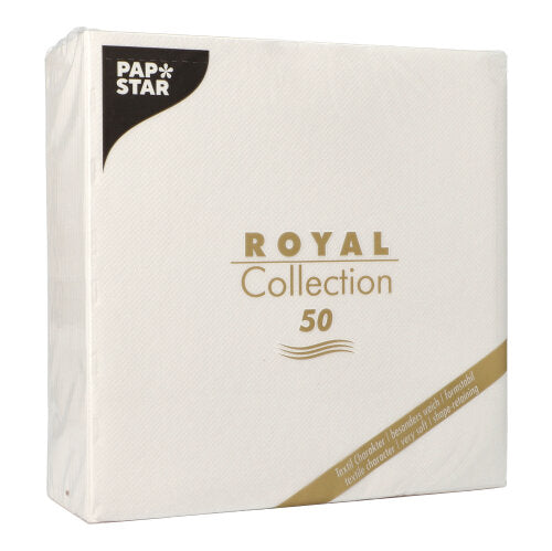 PAPSTAR 50 servietter "ROYAL Collection" 1/4-fold, hvid, fra PAPSTAR GmbH omfatter 50 højkvalitets papirservietter i det generøse format 40 x 40 cm.