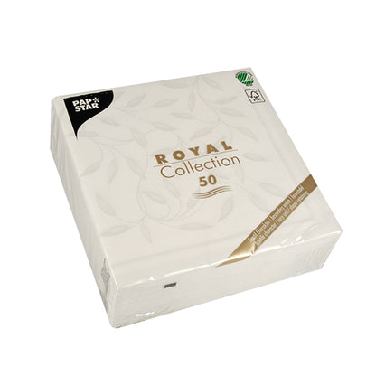 En forseglet pakke med 50 hvide PAPSTAR "ROYAL Collection" servietter (40 x 40 cm, 1/4-foldning) fra PAPSTAR GmbH. Den mest hvide emballage er med gylden og sort tekst samt et grønt certificeringslogo i øverste højre hjørne.