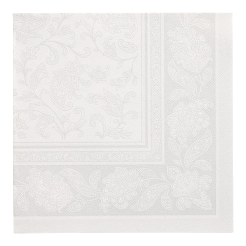 PAPSTAR 50 servietter "ROYAL Collection" 1/4-fold, 40 x 40 cm, hvide papirservietter fra PAPSTAR GmbH med præget blomster- og paisleymønster på kanten og i midten for et delikat, struktureret udseende.