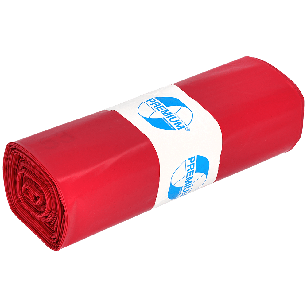 Et rullet bundt med røde EMIL DEISS KG 11702 affaldsposer (type 100, 575x1000 mm, 25 stykker) med en hvid "Premium"-etiket i blå skrift; ideel til værksted byggeplads. Produktet er afbildet på en ensfarvet, lys baggrund.