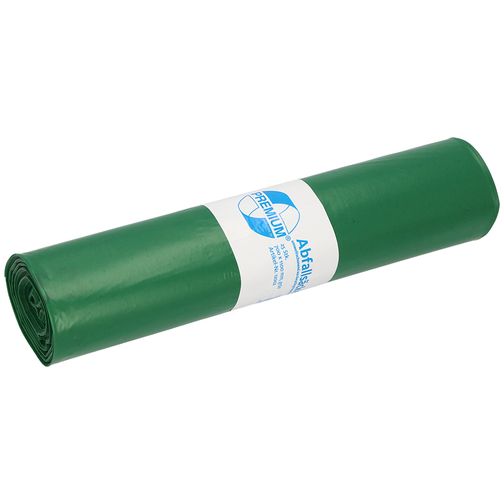 Ein gerolltes Bündel grüner DEISS 12002 Müllsäcke (700x1100 mm, Typ 60) von EMIL DEISS KG, 25 Säcke pro Rolle, mit weißem Etikett und blauem Text für professionelle Abfallentsorgung.