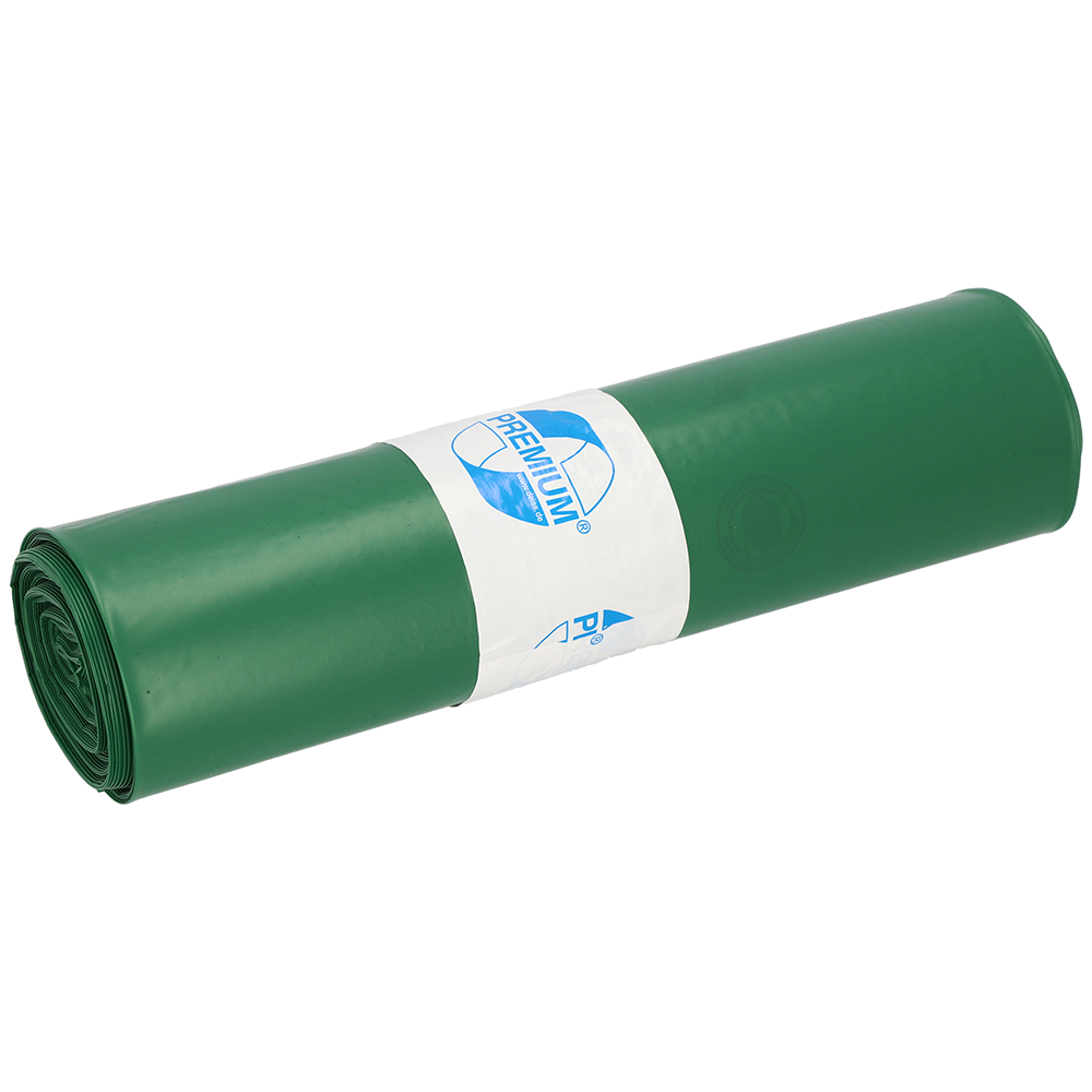 Ein dicht gerolltes Bündel grüner Müllsäcke (25 Stück pro Rolle) der EMIL DEISS KG (GmbH + Co.) DEISS 12004 - 700x1100x0,07 mm ist mit einem weißen Etikett mit blauem Text und Logo umwickelt, das auf weißem Hintergrund abgebildet ist.