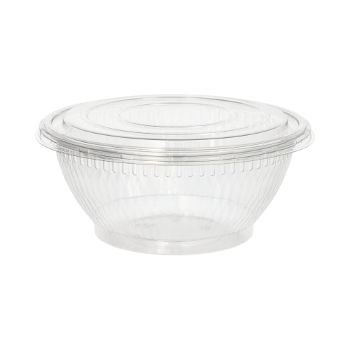 Starpak 50 salatskåle er en rund, gennemsigtig salatskål lavet af miljøvenligt R-PET med diskrete vertikale riller og matchende låg. Den tomme Starpak skål er afbildet mod en enkel hvid baggrund.