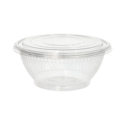 Starpak 50 salatskåle er en rund, gennemsigtig salatskål lavet af miljøvenligt R-PET med diskrete vertikale riller og matchende låg. Den tomme Starpak skål er afbildet mod en enkel hvid baggrund.