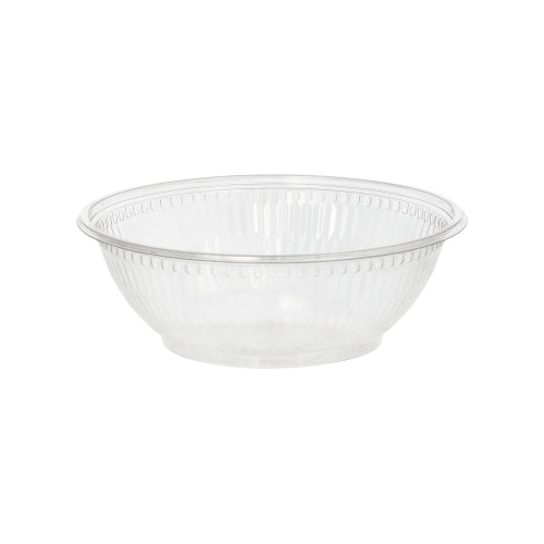 Starpak 50 salatskåle er en gennemsigtig, rund salatskål lavet af miljøvenligt R-PET med let udstående sider og ribbet yderside. De er afbildet tomme mod en hvid baggrund. Mærke: Starpak.