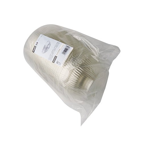 I en gennemsigtig plastikpose er der en stak på 50 Starpak salatskåle, runde, glasklare tallerkener lavet af R-PET med en hvid etiket på den øverste tallerken for et miljøvenligt touch.