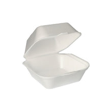 Eine weiße Starpak XPS Hamburger-Box (7,5 x 12 x 12 cm) mit Klappdeckel, geöffnet vor einem schlichten Hintergrund. Die Packung enthält 100 eingeschweißte Boxen.