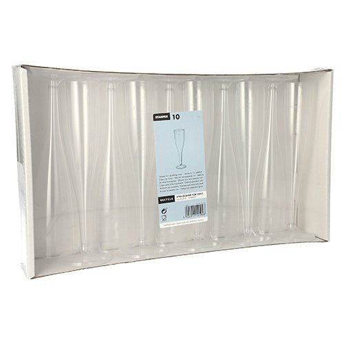 De Starpak 10 stilkglas til champagne (0,1 l, krystalklar, i ét stykke) præsenteres oprejst i en gennemsigtig papbakke med en central produktetiket - perfekt til stilfuld champagneoplevelse. Boksen indeholder 10 elegante PS-plastglas.