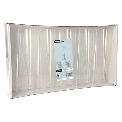 De Starpak 10 stilkglas til champagne (0,1 l, krystalklar, i ét stykke) præsenteres oprejst i en gennemsigtig papbakke med en central produktetiket - perfekt til stilfuld champagneoplevelse. Boksen indeholder 10 elegante PS-plastglas.