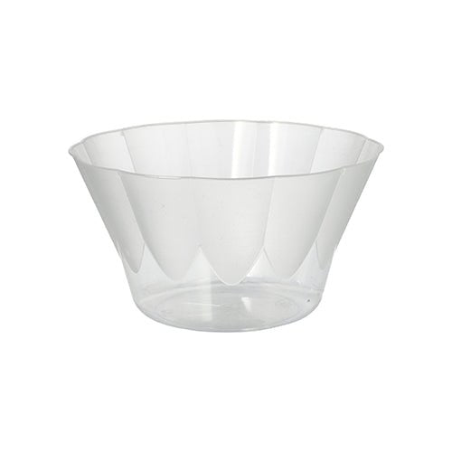 Den Starpak 400 ml glasklare polystyren is- og dessertskål (Ø 12 cm, H 7 cm) fra 20-pakningen imponerer med let udvidet kant og facetoptik – perfekt til desserter, præsenteret mod hvid baggrund.