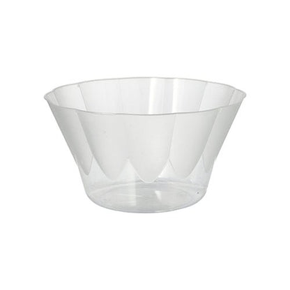 Den Starpak 400 ml glasklare polystyren is- og dessertskål (Ø 12 cm, H 7 cm) fra 20-pakningen imponerer med let udvidet kant og facetoptik – perfekt til desserter, præsenteret mod hvid baggrund.