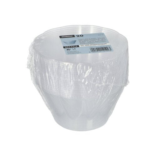 En stak af 20 transparente runde Starpak PS-dessertskåle (400 ml, Ø 12 cm, 7 cm) er indpakket i plastikfolie og placeret på en kartonbakke med mærketryk. Baggrunden er enkel hvid.