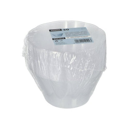 En stak af 20 transparente runde Starpak PS-dessertskåle (400 ml, Ø 12 cm, 7 cm) er indpakket i plastikfolie og placeret på en kartonbakke med mærketryk. Baggrunden er enkel hvid.