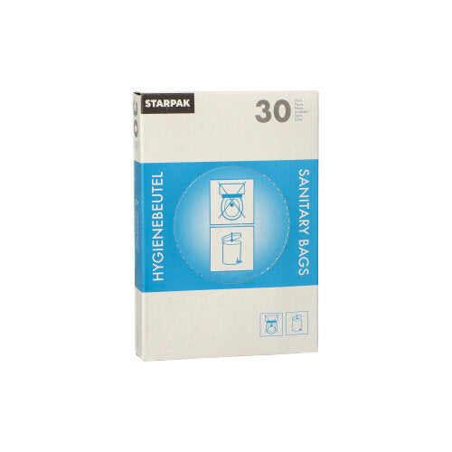 Starpak dispenserkartonen indeholder 30 hvide hygiejneposer (28,5 x 8 x 7 cm) med blå-hvid emballage, påskriften "HYGIENEBEUTEL" og "SANITARY BAGS", med instruktioner og skraldespand-billeder på forsiden.