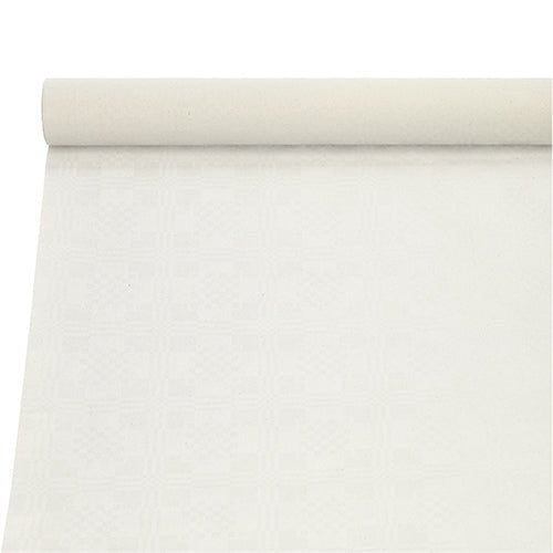 Papirdugsdugen med damaskprægning (10 m x 1 m) fra PAPSTAR GmbH er delvist rullet ud på en hvid baggrund og har et diskret, lyst, kvadratisk geometrisk mønster.
