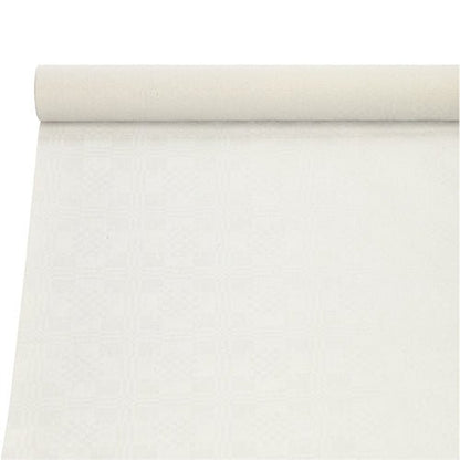 Papirdugsdugen med damaskprægning (10 m x 1 m) fra PAPSTAR GmbH er delvist rullet ud på en hvid baggrund og har et diskret, lyst, kvadratisk geometrisk mønster.