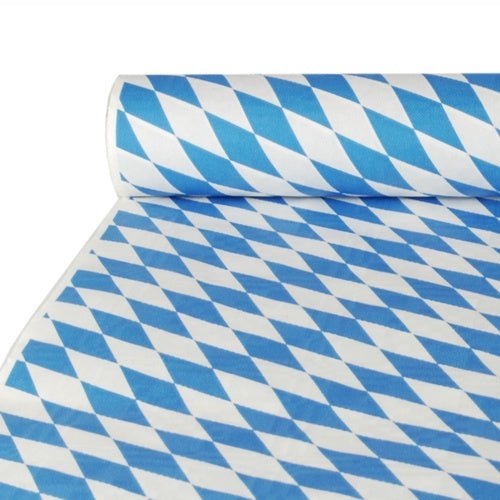 Papirdugsdugen med damaskprægning (10 m x 1 m) fra PAPSTAR GmbH er delvist rullet ud og viser sit festlige blå-hvide diamantmønster – perfekt til særlige lejligheder.