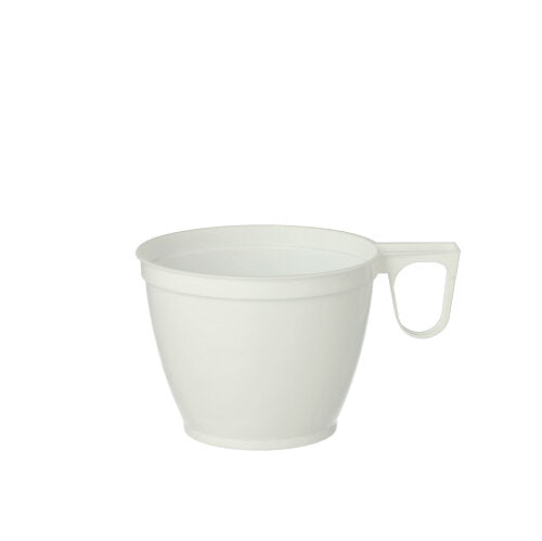 En pakke med 10 hvide Starpak kaffekopper (0,18 l, Ø 7,8 cm, 6 cm høj) lavet af holdbart PS står på hvid baggrund. Hver kop har et håndtag og en enkel, konisk form - ideel til daglig kaffedrikning.