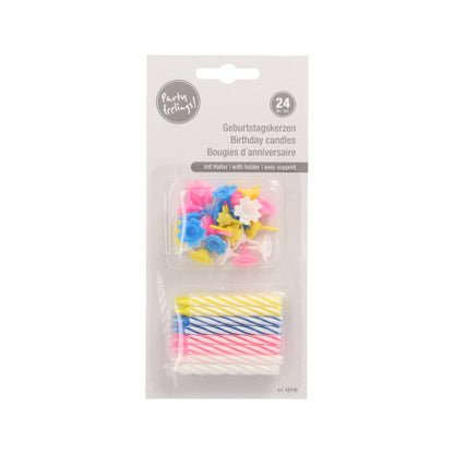 PAPSTAR GmbH fødselsdagslys, 6 cm, farvesorteret i 24-pakning med holdere i blomsterform; Emballage flersproget (tysk, engelsk, fransk).