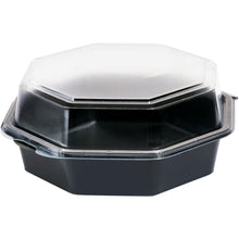 Die Duni GmbH Octaview® PS Schwarz/Transparent 190x190x80 mm Box (Packung mit 270 Stück) zeichnet sich durch eine achteckige Form mit einem klaren, aufgesetzten Deckel aus - ideal für stilvolle Aufbewahrung Schwarz und perfekte transparente PS-Boxen für Food Presentation.