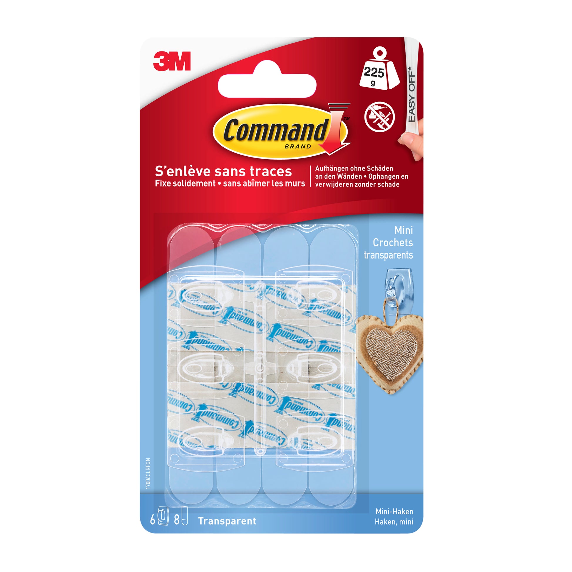 Eine Packung 3M Deutschland GmbH Command™ Mini-Haken, transparent, mit transparenten Strips (17006CLR), enthält 1 Mini-Haken mit Strips in blauer und roter Verpackung mit Produktinformation in Deutsch, Englisch und Französisch.