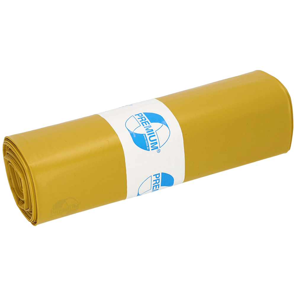 En rulle EMIL DEISS KG (GmbH + Co.) DEISS 13004 affaldsposer (700x1100x0,07 mm, gul, 25 stykker) er forsynet med en hvid etiket med blå tekst og logo. Den enkle hvide baggrund fremhæver disse poser for en nem affaldshåndtering.