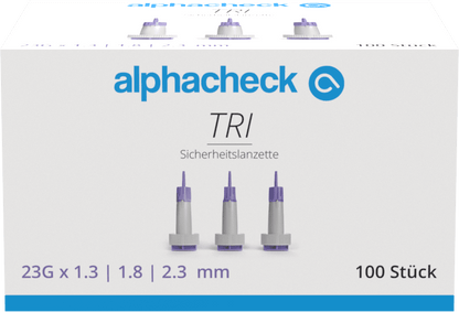 Alphacheck TRI sikkerhedslancetter 23G | Pakke (100 stk.)