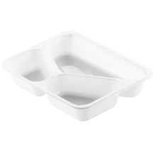 Die CPET-Schale 225x175 mm, Weiß von Duni GmbH mit drei Fächern ist eine temperaturbeständige Lebensmittelverpackung (Packung: 300 Stück) und wird leer vor weißem Hintergrund präsentiert.