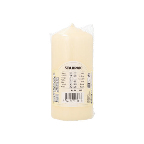 Et cremefarvet Starpak-stumpelys (Ø 60 mm, 130 mm) med ekstra lang brændetid er indpakket i plastik og viser på etiketten mærkenavnet, produktdetaljer og stregkode på en enkel hvid baggrund.