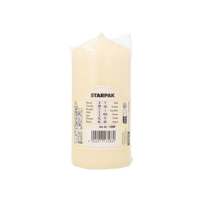 Et cremefarvet Starpak-stumpelys (Ø 60 mm, 130 mm) med ekstra lang brændetid er indpakket i plastik og viser på etiketten mærkenavnet, produktdetaljer og stregkode på en enkel hvid baggrund.