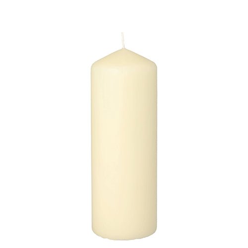 Et højt, cylindrisk Starpak stumpljus med ekstra lang brændetid (Ø 60 mm, 165 mm, hvid) med synlig væge står oprejst på en enkel hvid baggrund og tilbyder en langvarig atmosfære.