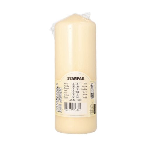 Et cylindrisk, cremehvidt Starpak stumpljus (Ø 60 mm, 165 mm) med ekstra lang brændetid, pakket i gennemsigtig folie. Etiketten bærer teksten 'Starpak' og flersprogede produktdetaljer.